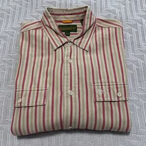 Timberland orange and beige striped flannel button down L